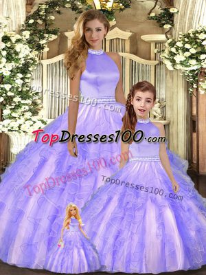 Simple Ball Gowns Ball Gown Prom Dress Lavender Halter Top Tulle Sleeveless Floor Length Backless
