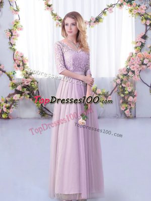 Fine V-neck Half Sleeves Tulle Bridesmaid Dress Lace and Belt Side Zipper