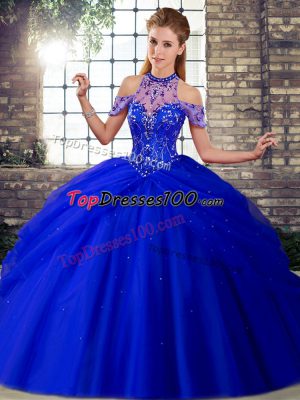 Royal Blue Halter Top Neckline Beading and Pick Ups 15 Quinceanera Dress Sleeveless Lace Up