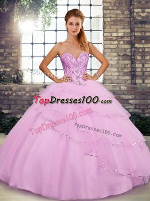 Captivating Lilac Sleeveless Beading and Ruffled Layers Lace Up Ball Gown Prom Dress