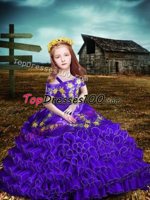 Exquisite Floor Length Purple Custom Made Pageant Dress Off The Shoulder Short Sleeves Lace Up