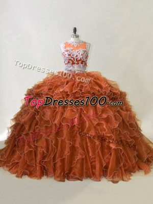 Dynamic Brown Quinceanera Dresses Sweet 16 and Quinceanera with Beading and Ruffles Scoop Sleeveless Brush Train Zipper