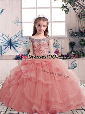 Pink Lace Up Scoop Beading and Ruffles Custom Made Pageant Dress Tulle Sleeveless