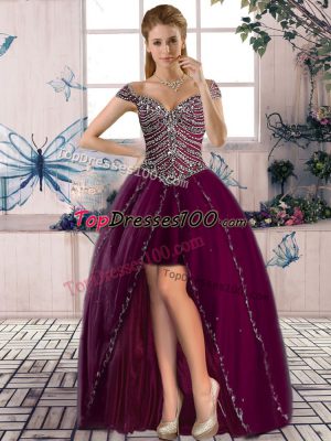 Purple A-line Tulle Off The Shoulder Sleeveless Beading High Low Lace Up Prom Party Dress