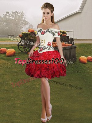 Classical Mini Length Red Prom Dresses Off The Shoulder Sleeveless Lace Up
