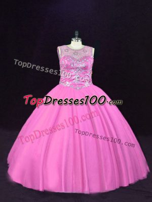 Stunning Pink Ball Gowns Tulle Scoop Sleeveless Beading Floor Length Lace Up Sweet 16 Dress