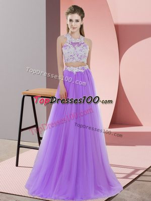 Sleeveless Tulle Floor Length Zipper Dama Dress for Quinceanera in Lavender with Lace