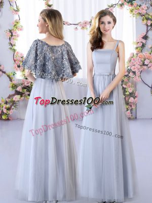 Grey Empire Tulle Straps Sleeveless Appliques Floor Length Lace Up Quinceanera Court Dresses