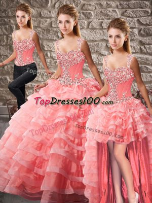 Organza Straps Sleeveless Court Train Lace Up Beading and Ruffled Layers Sweet 16 Dresses in Watermelon Red