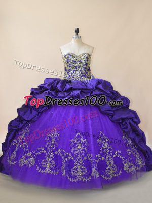 Purple Sweetheart Neckline Embroidery and Pick Ups Quince Ball Gowns Sleeveless Lace Up