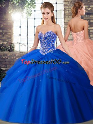 Royal Blue Lace Up Vestidos de Quinceanera Beading and Pick Ups Sleeveless Brush Train