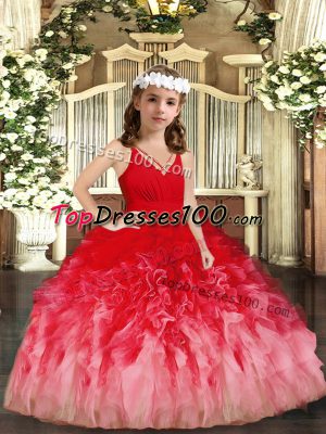 Latest Red and Multi-color Tulle Zipper Little Girls Pageant Dress Wholesale Sleeveless Floor Length Ruffles