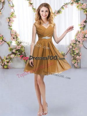 V-neck Sleeveless Bridesmaids Dress Mini Length Belt Brown Chiffon