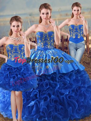 Pretty Sweetheart Sleeveless Quinceanera Dress Floor Length Embroidery and Ruffles Royal Blue Fabric With Rolling Flowers