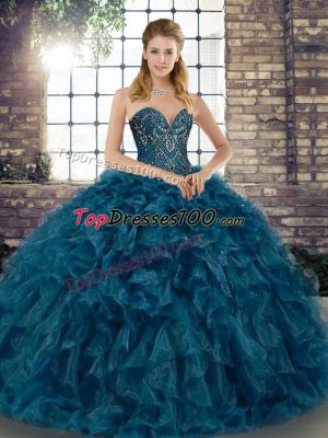 Fancy Teal Sleeveless Organza Lace Up Vestidos de Quinceanera for Military Ball and Sweet 16 and Quinceanera
