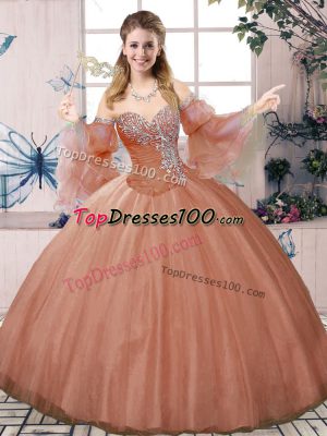 Exquisite Rust Red Ball Gowns Tulle Sweetheart Sleeveless Beading Floor Length Lace Up Quinceanera Gown