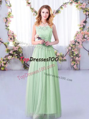 Hot Selling Apple Green Empire Scoop Sleeveless Tulle Floor Length Side Zipper Lace and Belt Bridesmaid Gown