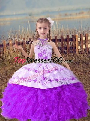 Adorable Ball Gowns Evening Gowns Lavender Halter Top Organza Sleeveless Floor Length Lace Up