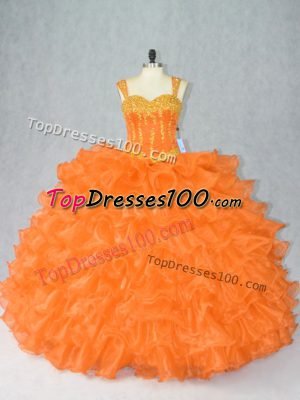 Straps Sleeveless 15th Birthday Dress Floor Length Beading and Ruffles Orange Organza