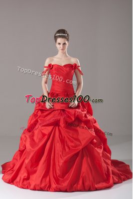 Excellent Sleeveless Ruching and Pick Ups and Hand Made Flower Lace Up Ball Gown Prom Dress with Red Brush Train