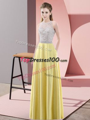 Scoop Sleeveless Prom Dress Floor Length Beading Yellow Satin