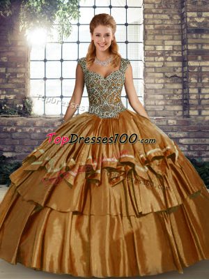 Eye-catching Brown Straps Neckline Beading and Ruffled Layers Quinceanera Gowns Sleeveless Lace Up