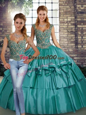 Teal Straps Neckline Beading and Ruffled Layers Quince Ball Gowns Sleeveless Lace Up