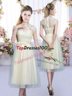 Flirting Champagne Empire Tulle High-neck Cap Sleeves Lace and Bowknot Tea Length Zipper Quinceanera Court of Honor Dress