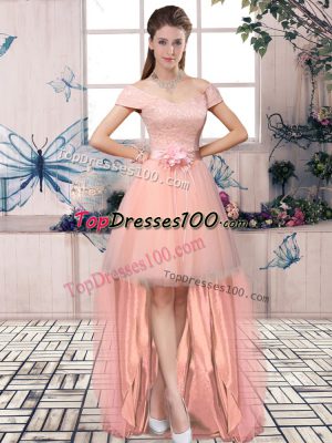 Short Sleeves Tulle High Low Lace Up Juniors Evening Dress in Pink with Lace and Hand Made Flower