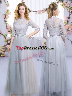 Half Sleeves Tulle Floor Length Zipper Quinceanera Court Dresses in Grey with Lace and Belt