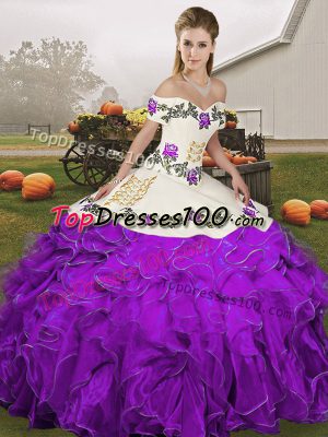 Admirable White And Purple Ball Gowns Organza Off The Shoulder Sleeveless Embroidery and Ruffles Floor Length Lace Up Quince Ball Gowns