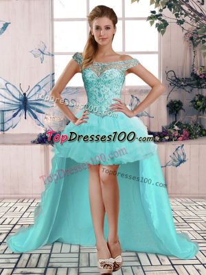 Simple Aqua Blue A-line Off The Shoulder Sleeveless Tulle High Low Lace Up Beading and Ruffles Party Dress Wholesale