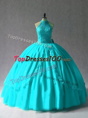 Aqua Blue Sweet 16 Dresses Sweet 16 and Quinceanera with Appliques Halter Top Sleeveless Lace Up