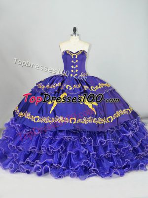 Graceful Sleeveless Brush Train Embroidery and Ruffled Layers Lace Up Quinceanera Gown