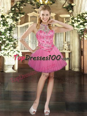 Tulle Halter Top Sleeveless Lace Up Beading Party Dress for Girls in Pink