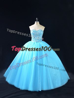 Classical Baby Blue Lace Up Sweetheart Beading Vestidos de Quinceanera Tulle Sleeveless