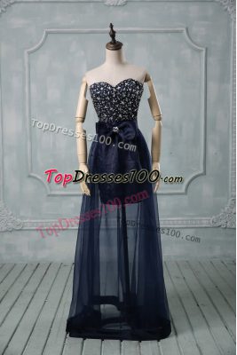 Pretty Tulle Sweetheart Sleeveless Lace Up Beading and Bowknot Prom Dresses in Navy Blue