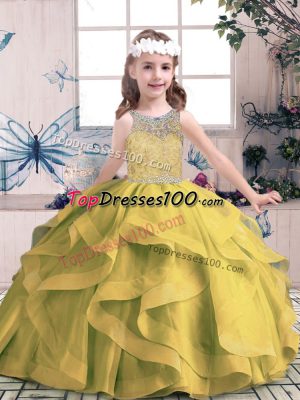 New Arrival Olive Green Sleeveless Tulle Lace Up Little Girl Pageant Dress for Party and Wedding Party