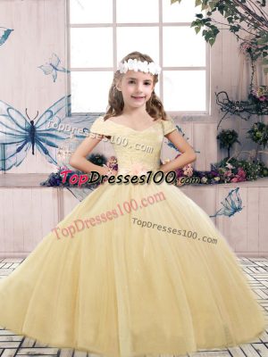 Simple Off The Shoulder Sleeveless Child Pageant Dress Floor Length Lace and Belt Champagne Tulle