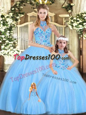 Baby Blue Ball Gowns Tulle Halter Top Sleeveless Embroidery Floor Length Lace Up Quinceanera Dresses