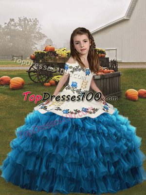 Blue Kids Formal Wear Party and Military Ball and Wedding Party with Embroidery and Ruffled Layers Straps Sleeveless Lace Up