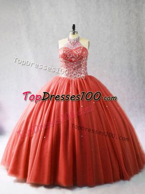 Red Lace Up Quinceanera Dress Beading Sleeveless Brush Train