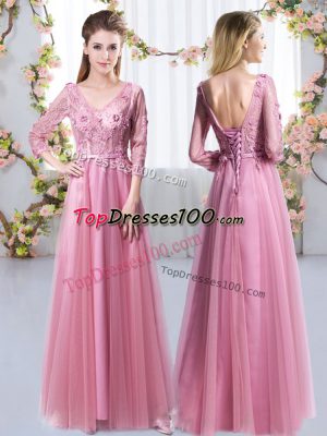 Eye-catching Floor Length Pink Bridesmaid Gown V-neck 3 4 Length Sleeve Lace Up