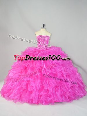 Discount Hot Pink Sleeveless Court Train Beading and Ruffles Sweet 16 Quinceanera Dress