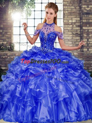 Colorful Organza Halter Top Sleeveless Lace Up Beading and Ruffles Quinceanera Gowns in Blue