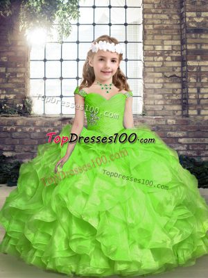 Nice Sleeveless Floor Length Beading and Ruffles and Ruching Lace Up Little Girl Pageant Gowns with