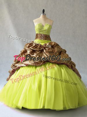 Yellow Green Ball Gowns Beading Quinceanera Gowns Lace Up Organza and Printed Sleeveless