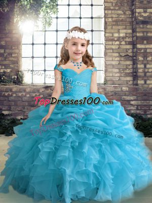 Blue Little Girl Pageant Dress Party and Wedding Party with Beading and Ruffles and Pick Ups Straps Sleeveless Lace Up