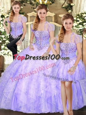 Captivating Lavender Strapless Lace Up Beading and Appliques and Ruffles Quinceanera Gown Sleeveless