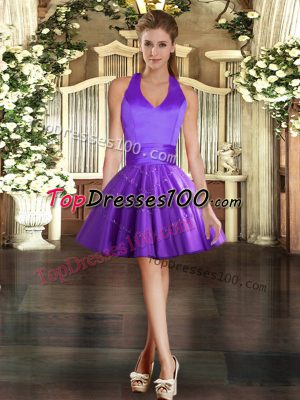 Purple Halter Top Lace Up Appliques Teens Party Dress Sleeveless